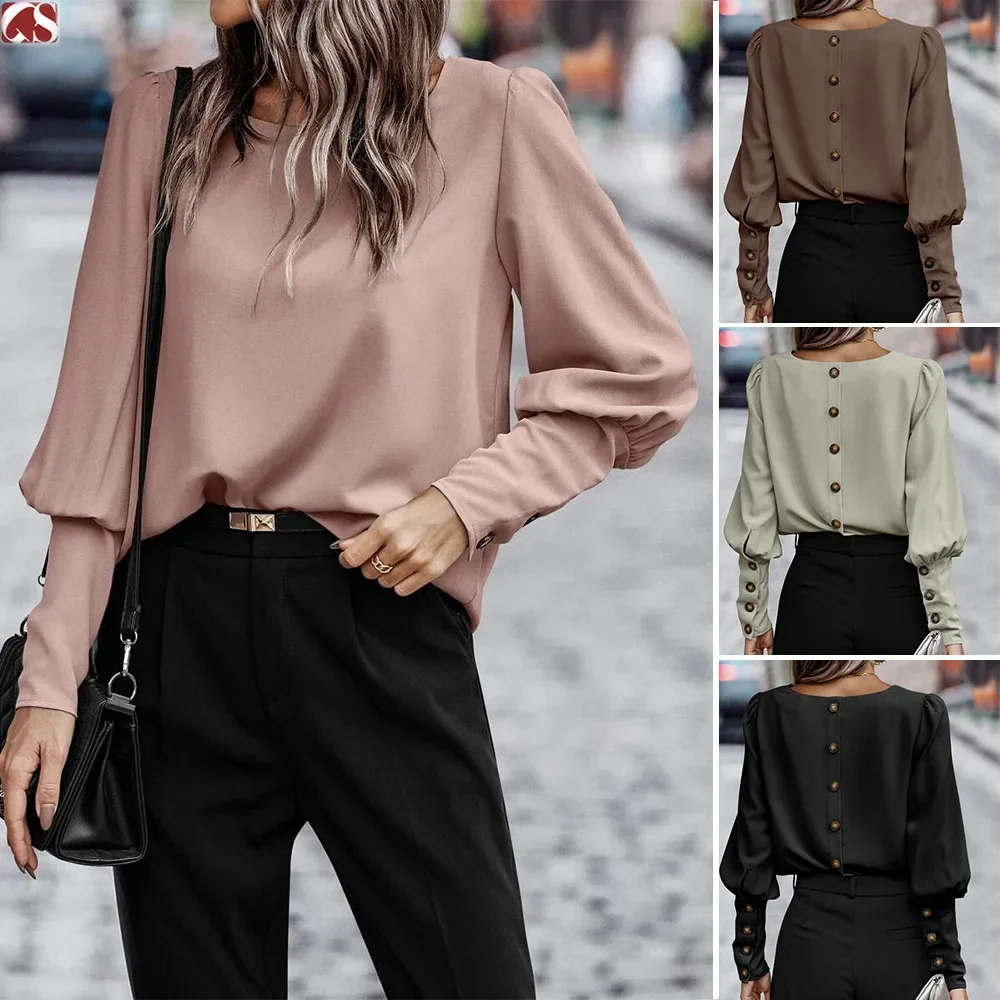 

Women Autumn Winter Shirt Solid Color O Neck Long Sleeve Sheath Casual Fashion Elegant Comfortable Regular Standard Fit Shirt