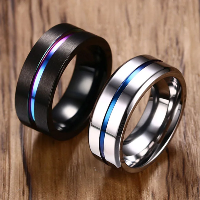 Vnox 6/8mm Black Ring for Men Women Groove Rainbow Stainless Steel Wedding Bands Trendy Fraternal Rings Casual Male Jewelry