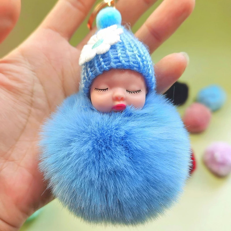 Pompom Sleeping Baby Keychain Cute Fluffy Plush Doll Keychains Women Girl Bag Keyrings Cars Key Ring Jewelry