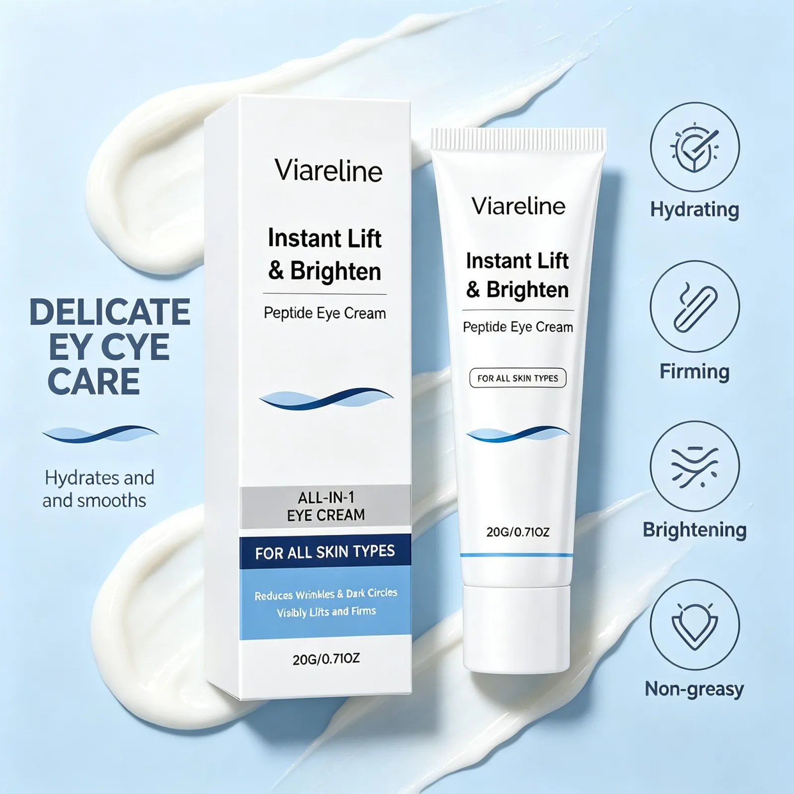 Viareline Peptide Eye Cream Instant Lift Brighten Firming Hydrating Reduce Fine Lines Wrinkles Appearance Delicate Skin Care 20g