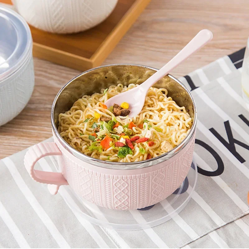 Large Stainless Steel Noodle Bowl with Handle Food Container Rice Bowl Soup Bowls Instant Noodle Bowl with Lid Spoon