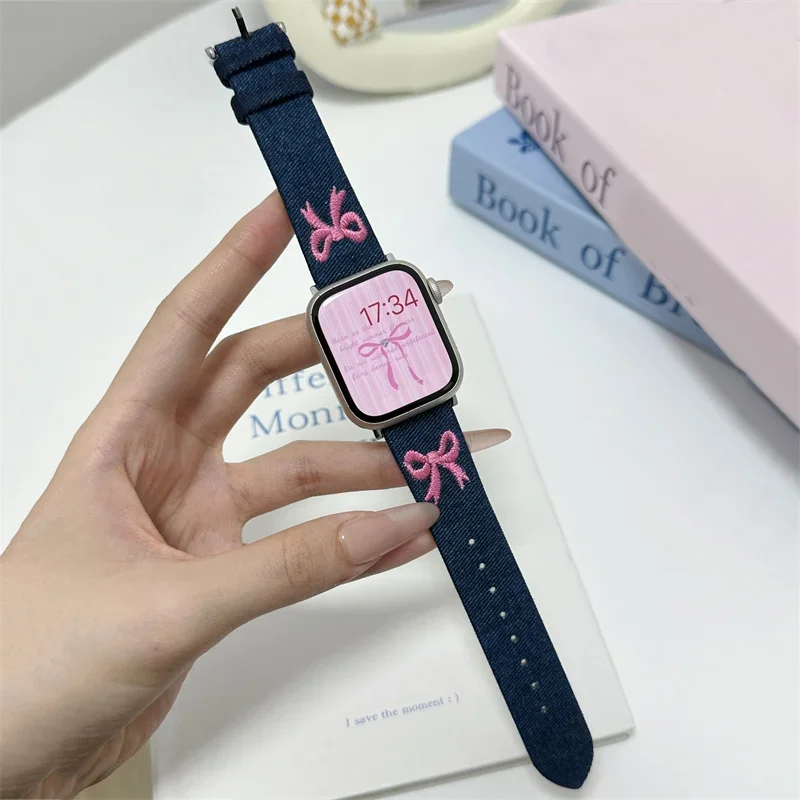 y2k Retro Cute Bow Embroidery Band For Watch Band Ultra2 49 45 44 41 42 38 40 Correa Band For Iwatch Series 9 8 SE 7 6 5 4