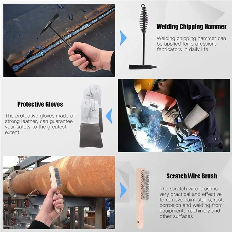 4Pcs Welding Slag Removal Tool:Welding Chipping Hammer With Coil Spring Handle And Wire Brush With A Pair Welding Glove-AA26