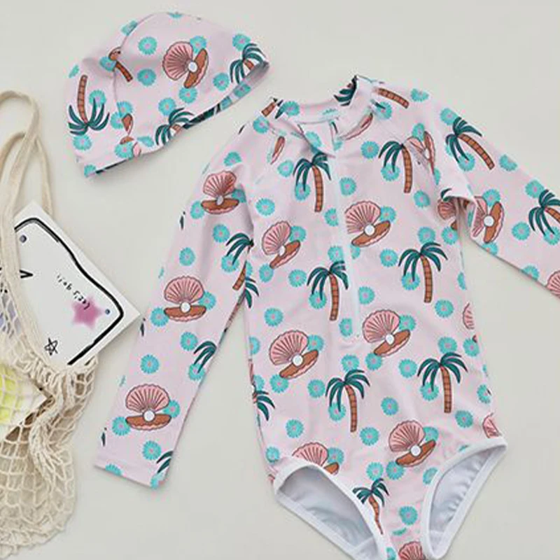 Long Sleeve Swim Wear One Piece Bodysuits Zipper Quick Drying Swimsuit Print Romper Swimwear Children Summer Baby Bathing Suit