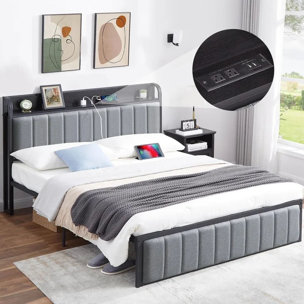 

Full Bed Frame with Storage Upholstered Headboard & Charging Station | Stylish Platform Bedframe