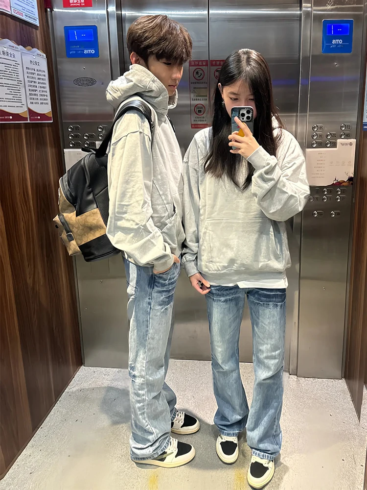 American High Street Vibe Retro Light Blue Lightning Pattern Flared Jeans Casual Loose Straight Leg Trousers for Men And Women