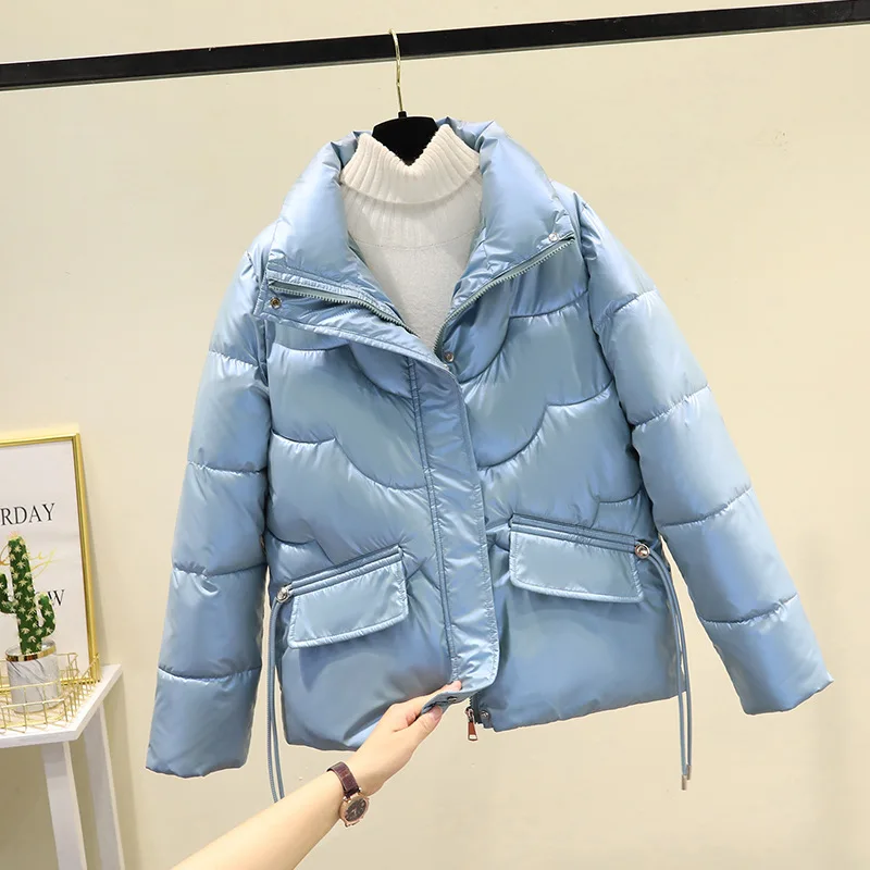 Bright Face Short Cotton Jacket Women's Loose New Wave Pattern Cotton Jacket Winter Standing Collar Wash Free Warm Jacket