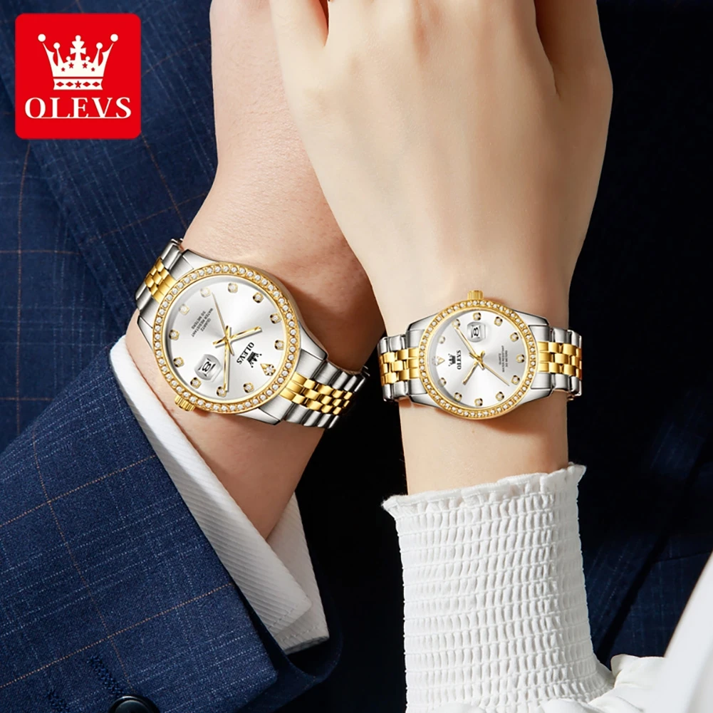 OLEVS Fashion Date Quartz Couple Watches Top Brand Luxury Diamond Watch For Men Women Waterproof Stainless Steel Wristwatch