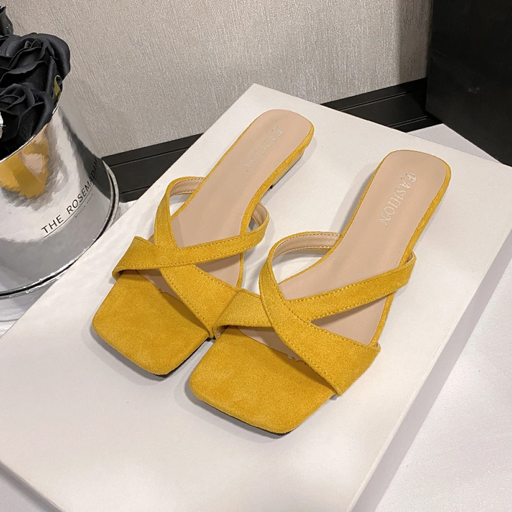 أحذية امرأة 2025 ميد رقيقة الكعوب الكعب البغال النعال عادية ساحة تو Pantofle منخفضة عبر تعادل عالية فاخرة جديد الدنيم الصيف #5