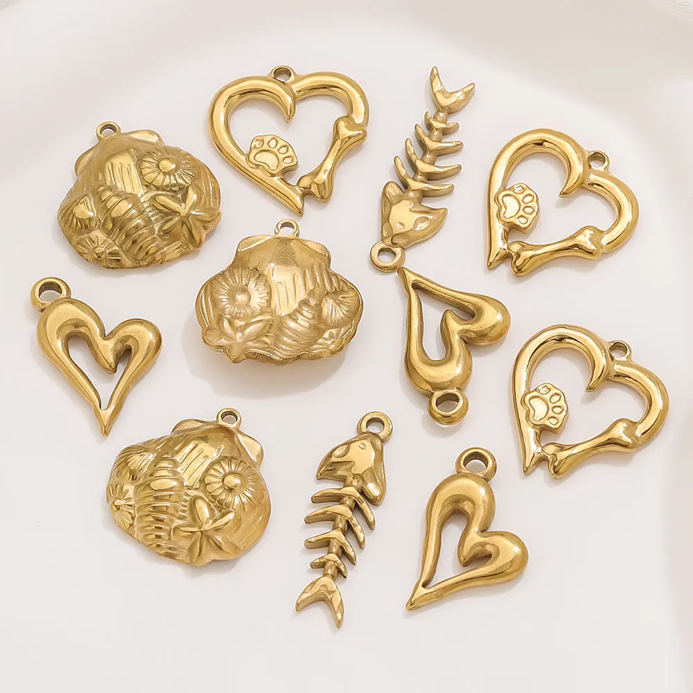

5 Pcs Stainless Steel Golden Charms Love Heart Fish Bone Shell Shape for Jewelry Making DIY Women Earrings Waterproof Wholesale