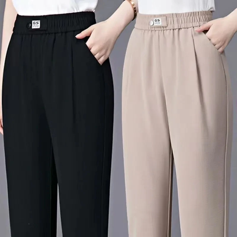 

2024 New Women Summer Thin Harun Pants Solid High Waist Ice Nine Point Casual Trousers Loose Middle aged Female Mothers Pants