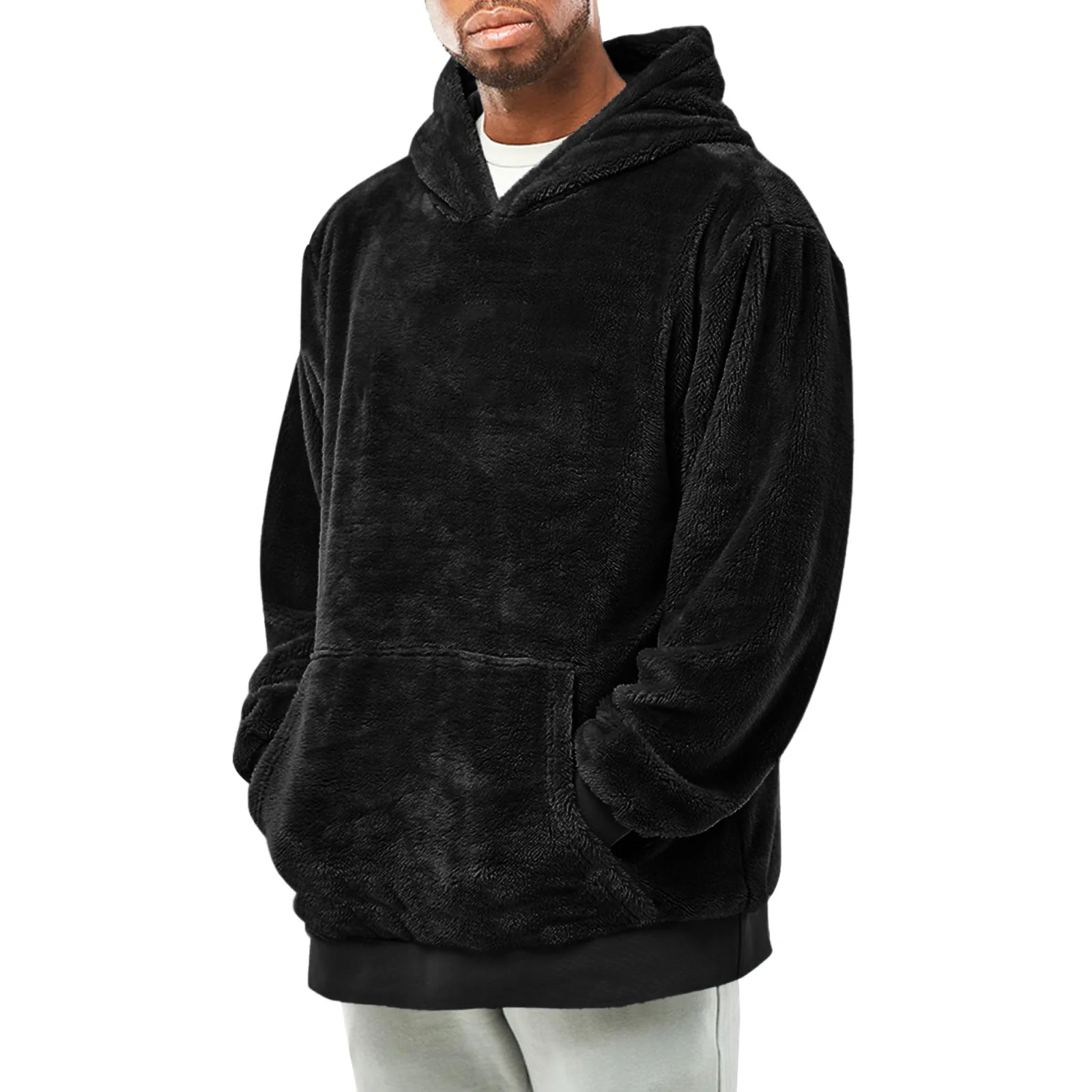 Men's Puffer Hooded Sweatshirt Winter Double sided Plush Hoodie with Pocket Arctic Velvet Warm Hooded Sport Outerwear