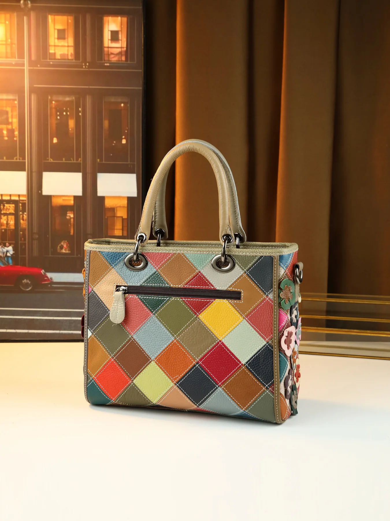 Vintage Women Genuine Leather Handbag Patchwork Flower Cow Leather Tote Bag Ladies Shoulder or Satchel Bags