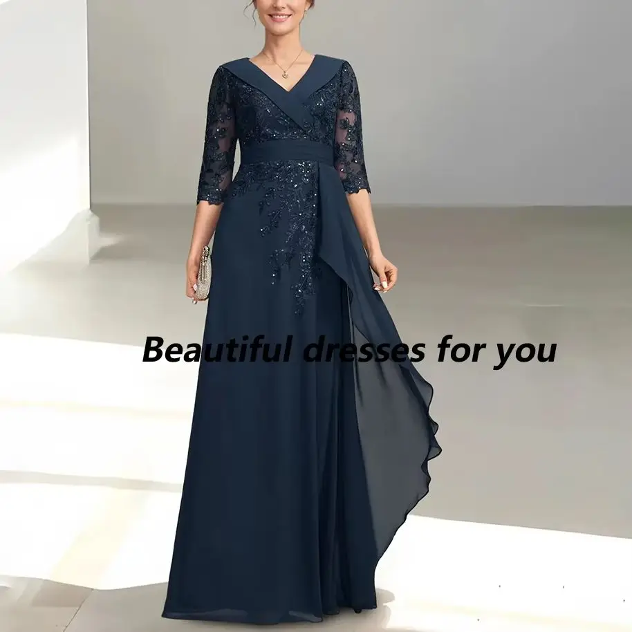 Navy Mother of The Bride Dresses V-Neck Half Sleeves Chiffon Appliques Beaded A Line Mother Dresses for Wedding Customized