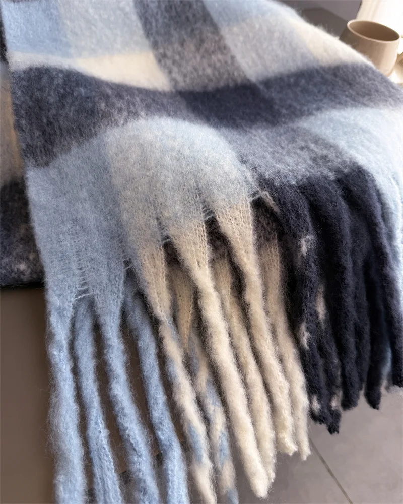 Warmer Dicker Winterschal für Damen, Mohair, Kariert, Weicher Quastenschal, Pashmina, Großer Halsdecken-Schal – Detail 11