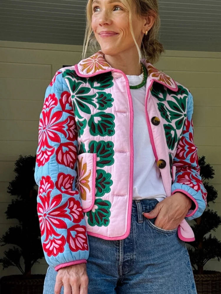 

2025 Winter Women's Flower Print Parkas Lapel Single-breasted Long Sleeve Pocket Quilted Coat Female Vintege Lady New in Outwear