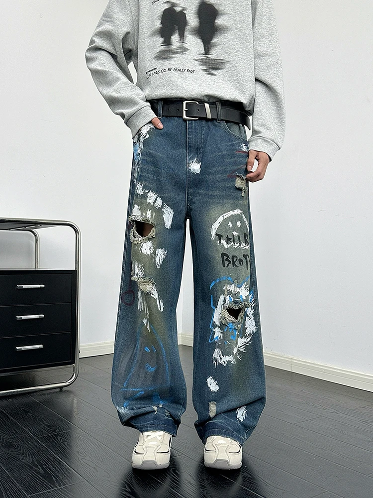 

Мужские джинсы в стиле ретро, из состаренного денима, осенние, свободные, прямые, широкие, длинные брюки в стиле постапокалиптическом