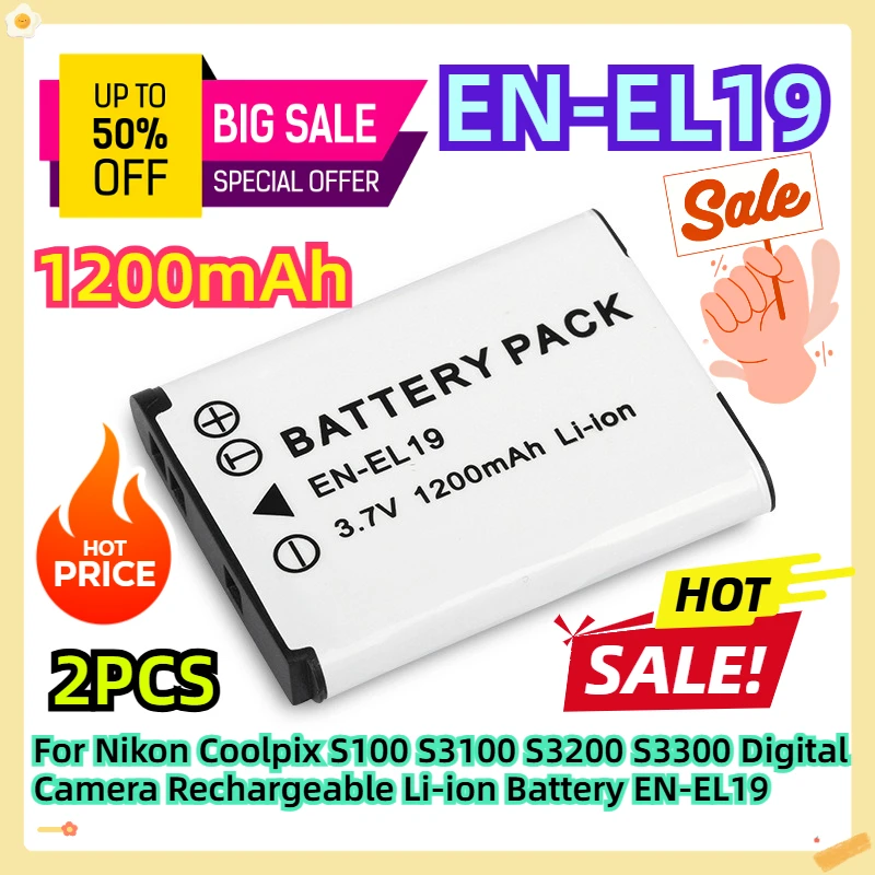 

For Nikon Coolpix S100 S3100 S3200 S3300 Digital Camera Rechargeable Li-ion Battery EN-EL19 3.7V 1200mAh 2pcs