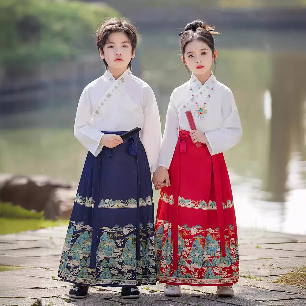 

Наряд с длинными рукавами для маленьких мальчиков, костюм Тан, детские комплекты, детская одежда, осенний комплект ханьфу, комплект из 2 предметов, топы, юбки, костюмы для девочек, вечерние