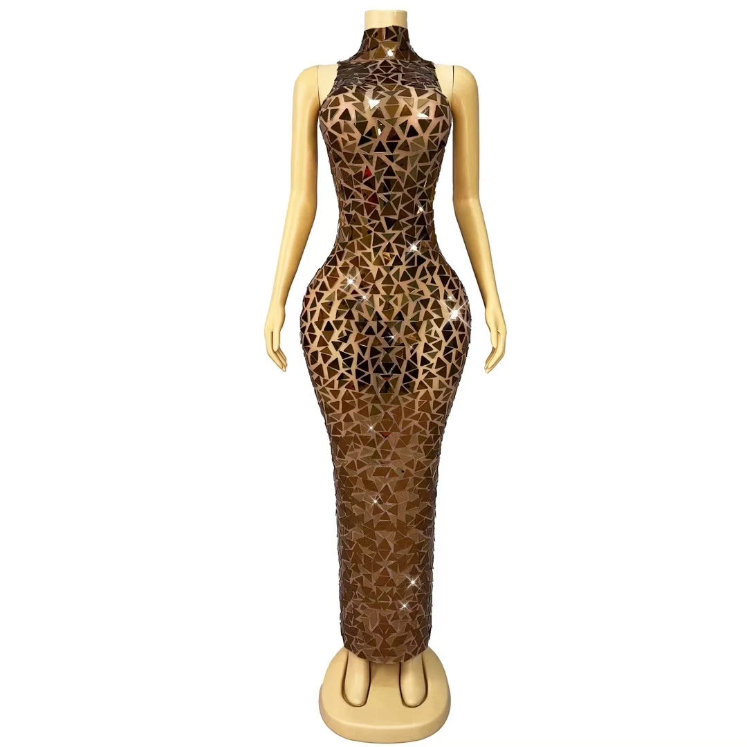 

Sparkly Gold Mirrors Ball Dress Sexy Sleeveless Mesh Evening Dress Celebrate Prom Birthday Maxi Dress Photo Shoot Stage Wear