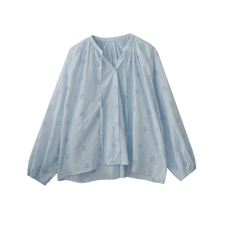 Damen Sommer neue Retro schwere Handwerk hohle Stickerei lang ärmel ige lose Baumwoll hemd hohe Taille breite Bein Shorts zweiteiliges Set