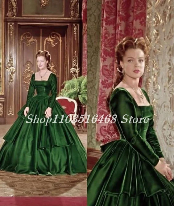 1880s Vintage Victorian Evening Dresses Emerald Green Long Sleeve Satin Ruffle Princess Dresses Civil War Women\'s Party Dresses