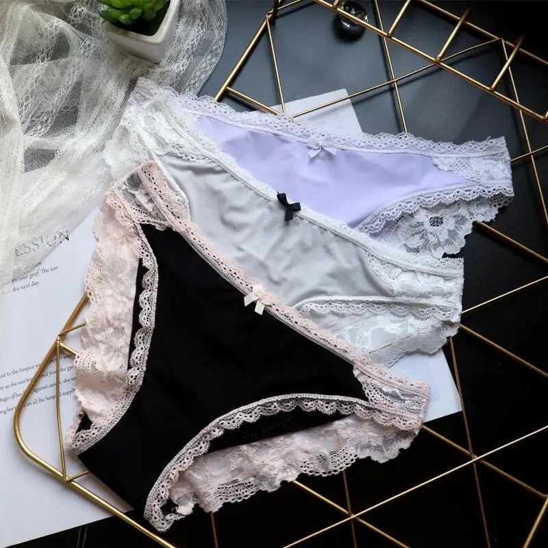 

3pcs European And American Iace Silk Quick-drying Seamless Lace Sexy Underwear Women's Large Size Low-waist Women's Briefs Women