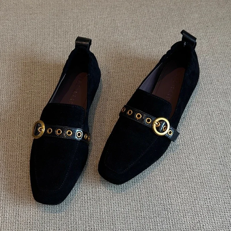 

Модные дизайнерские лоферы с металлическим ремнем и пряжкой, женская обувь в стиле ретро, замшевые туфли на плоской подошве с квадратным носком, удобная повседневная обувь в уличном стиле, Zapatos Mujer