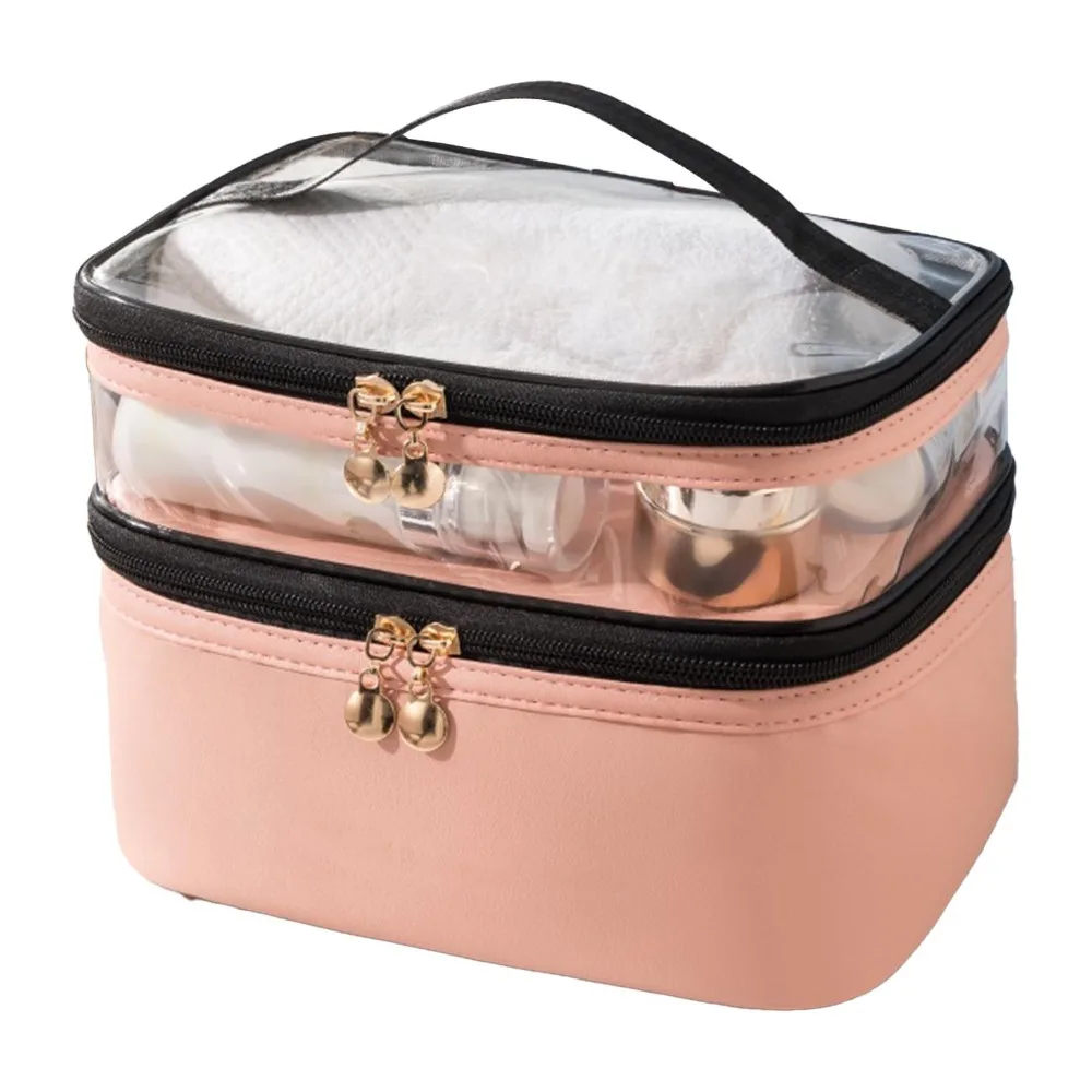 

Smooth Zippers Double Layer Makeup Bag Waterproof Sealed Clear Top Travel Cosmetic Bag Portable Large Capacity Makeup Organizer