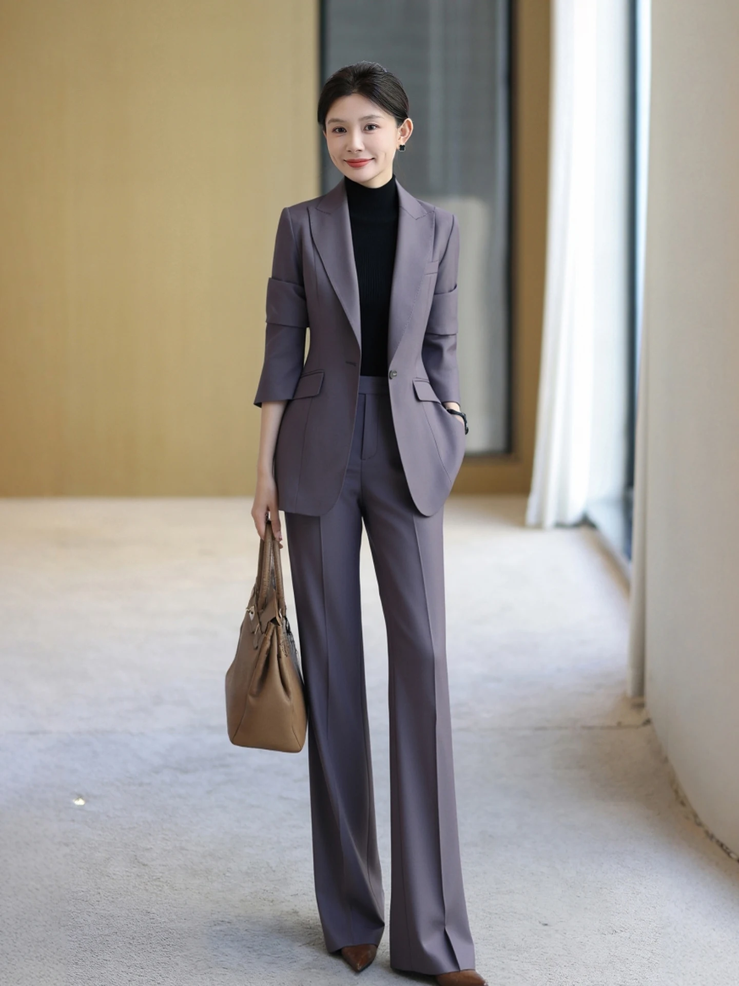 

Комплект шерстяного костюма Ele Deep Purple для женщин, профессиональная утягивающая официальная одежда с четырьмя пуговицами и манжетами для занятий интервью