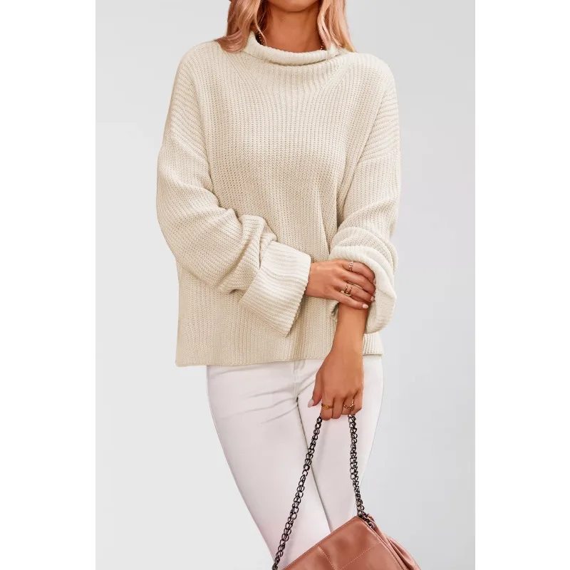 เสื้อผ้าผู้หญิง 2025 ฤดูใบไม้ร่วง/ฤดูหนาวใหม่สีดําHorn Sleeveรอบคอเสื้อแขนยาวถักเสื้อกันหนาวหนาหลวม