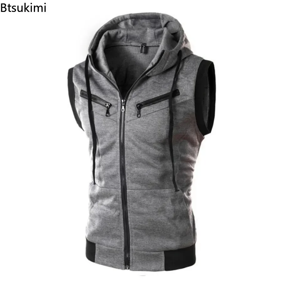 2024 Men\'s Sleeveless Hoodies Fashion Casual Zipper Hooded Sweatshirt Men Bodybuilding Tank Top Sporting Shirt Waistcoat Vest