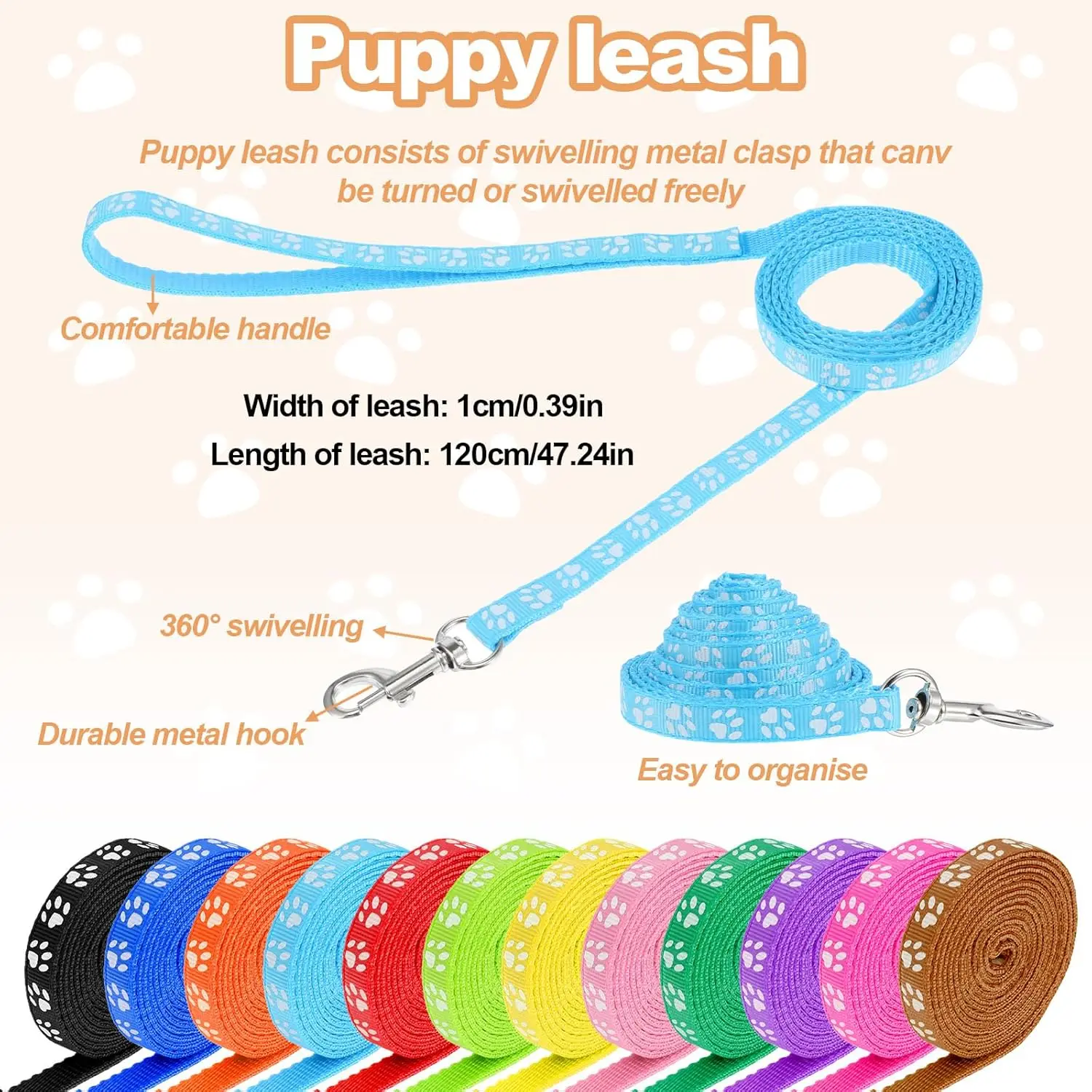 24 Sets Paw Print Dog Collar Leash Set with Bell Adjustable Nylon Pet Collars Matching Walking Leads for Small Puppy Kitten Chih