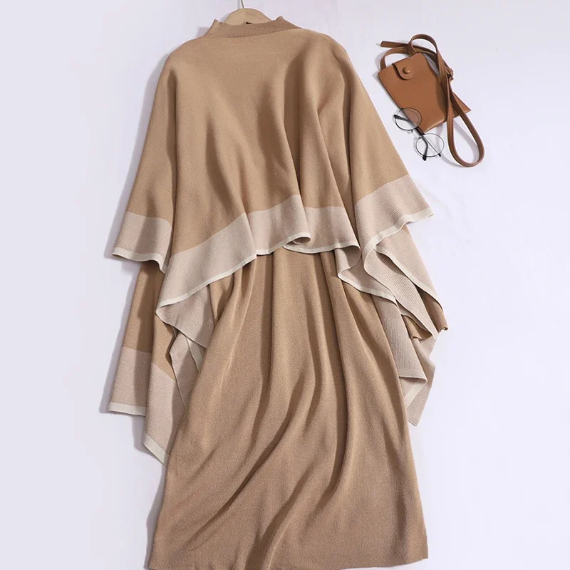 Women Casual Set Contrast Color Shawl Coat+Solid Mid-Length Long Sleeved Mock Neck Knit Dress Elegant Loose Fall Winter Outfit