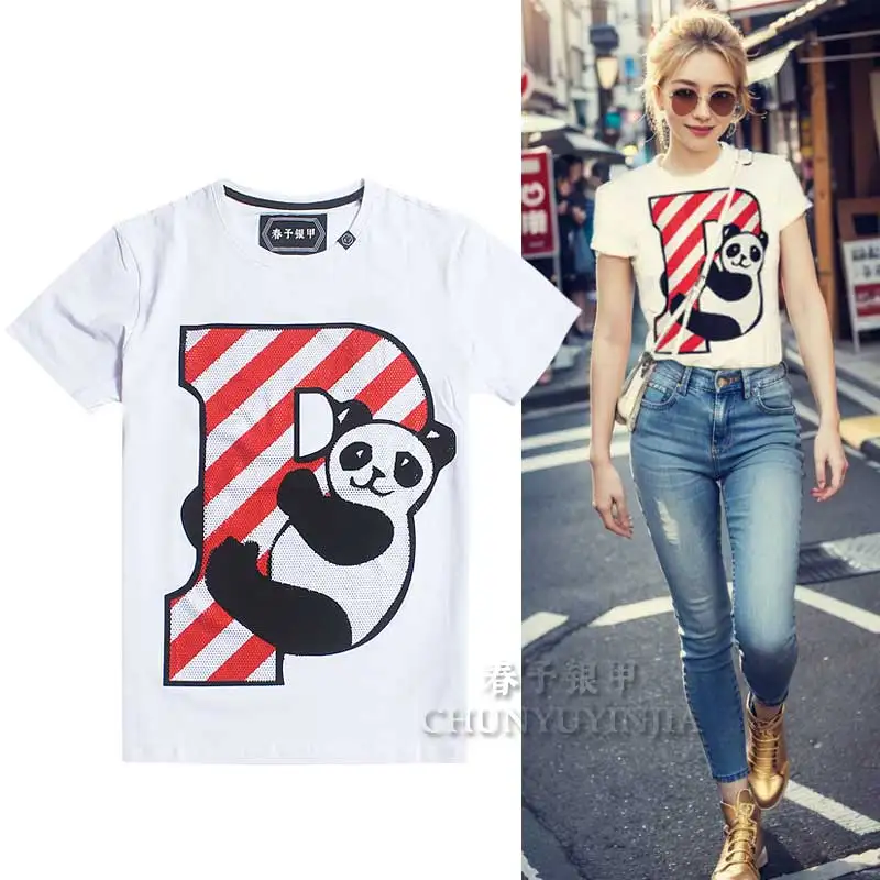 Chun yu yin jia Designer brand rhinestones Panda Pattern Short-Sleeved tshirt Black White for luxury women slim tee