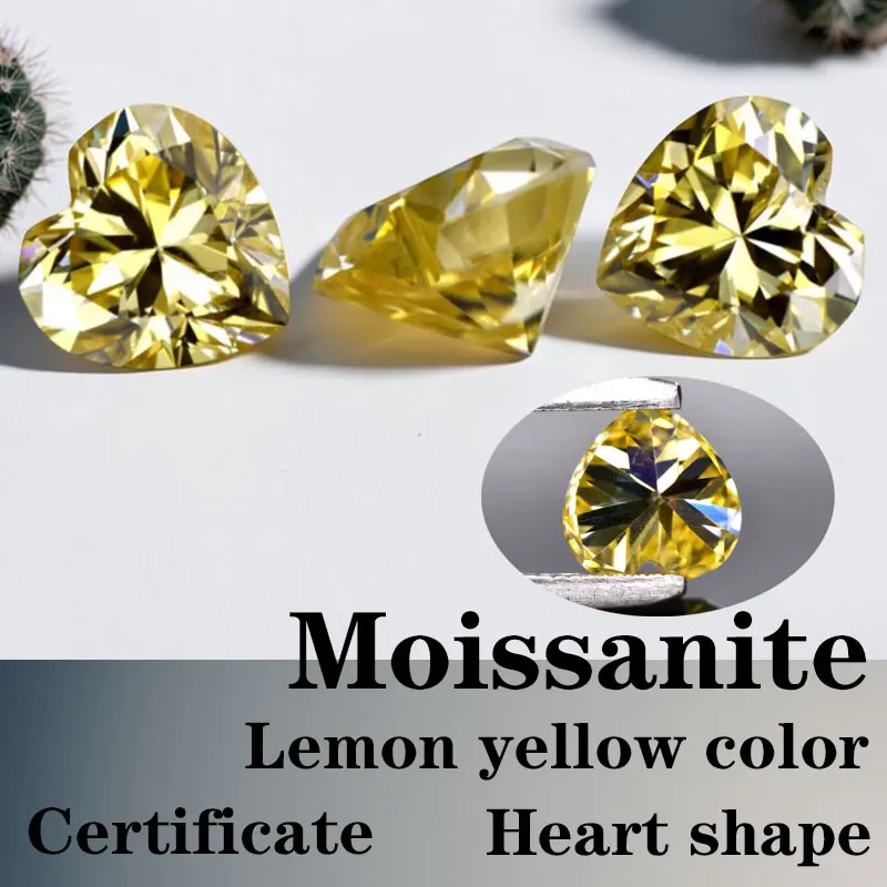 

Муассанит с огранкой «Сердце», VVS1, синтетический драгоценный камень, лимонно-желтый цвет, с сертификатом, ручная огранка