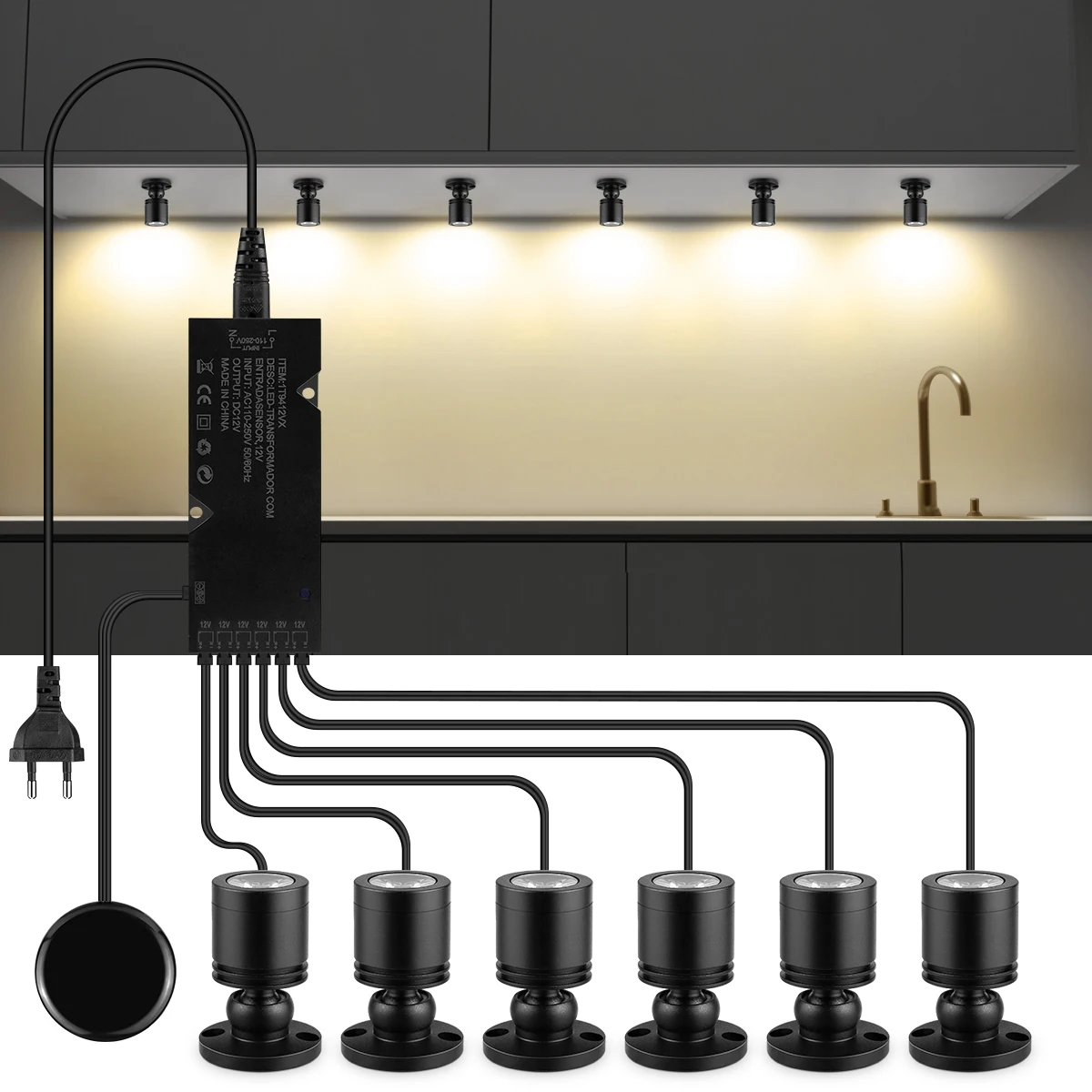 12V LED Cabinet Display Light with Touch Switch Dimmer - Penetration Wood/Glass 20mm, 3W Spotlight, Warm/Neutral/White