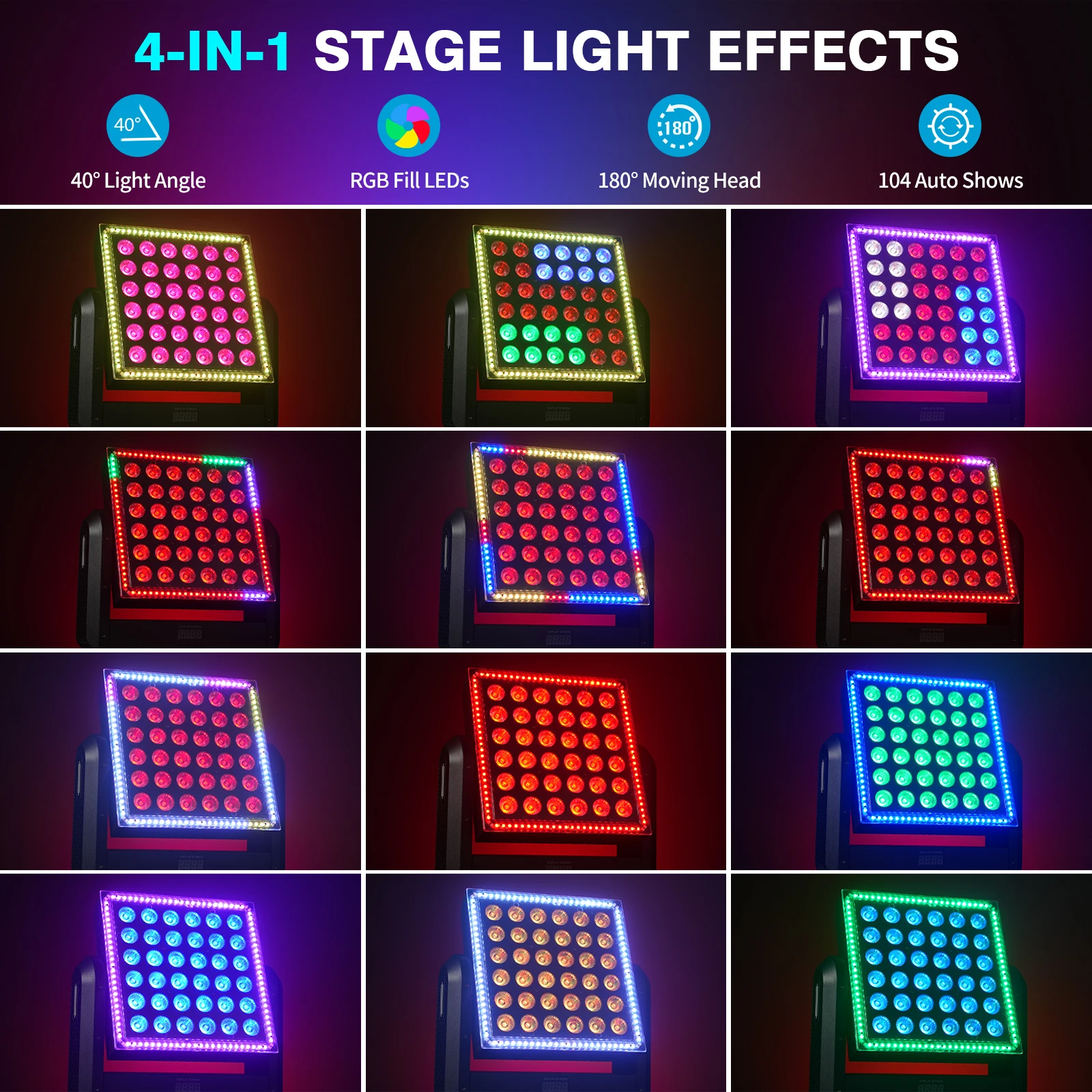 

Fieryzeal 200W RGBW Moving Head Wash Light DMX512 RGB Fill LED Pixel Stage Light Bar Effect for DJ Disco Party Bar Wedding