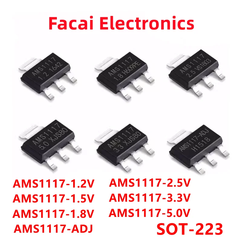 100PCS Regulador de tensão IC, AMS1117, AMS1117-3.3V, AMS1117-2.5V, AMS1117-1.8V, AMS1117-1.5V, AMS1117-1.2V, AMS1117-ADJSOT223