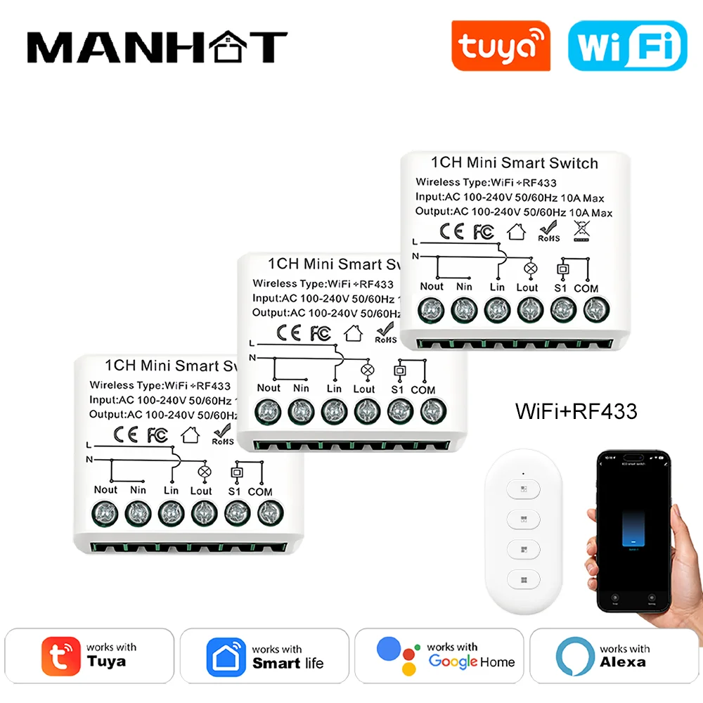 Manhot Tuya WiFi Smart Switch 10A Relay Controller RF433Mhz Wireless Remote Control Push Button Switch Support 2 Way Control