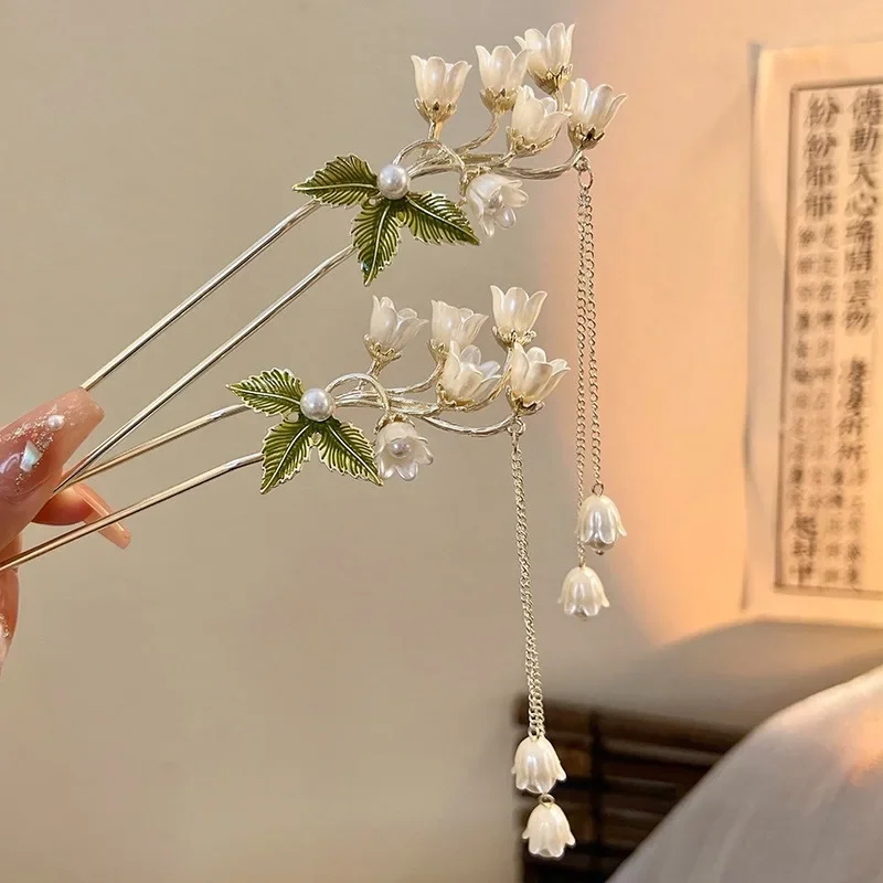 Vintage Bell Orchid Flower Fringe Hair Sticks para Feminino, Hairpin de Metal, Hair Stick, Fashionable Styling Tools