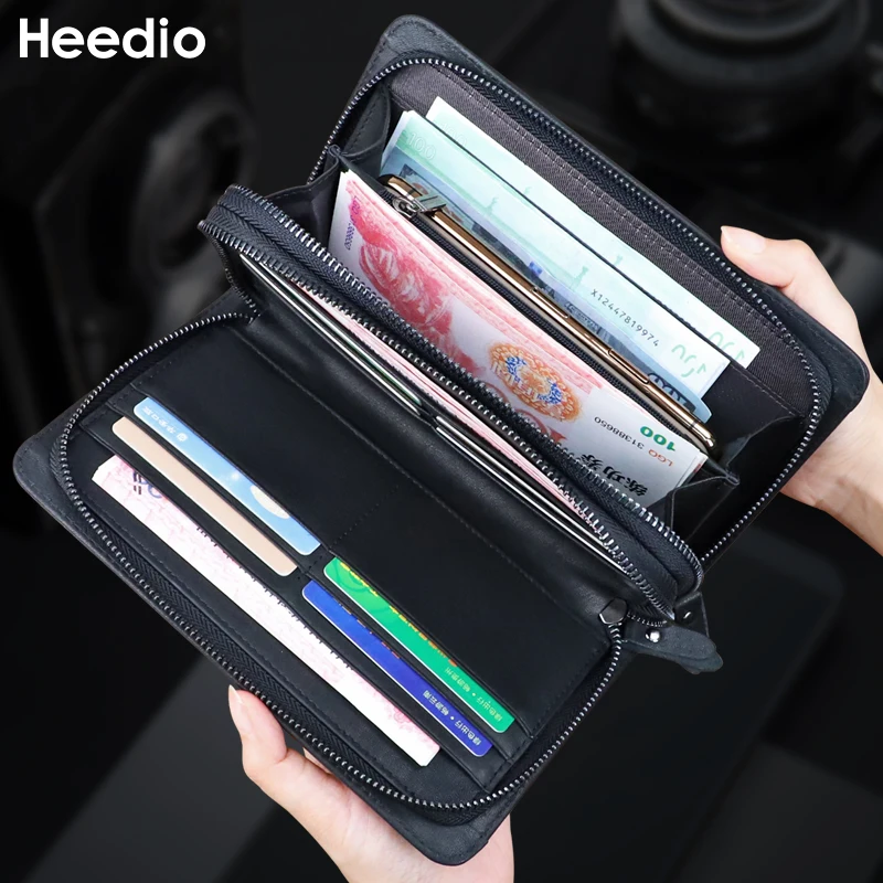 Double Zipper Clutch Wallet Genuine Leather Men\'s Long Wallet Storage Phone Holder Card Slot Passport Purse Clutch Bag Handbag