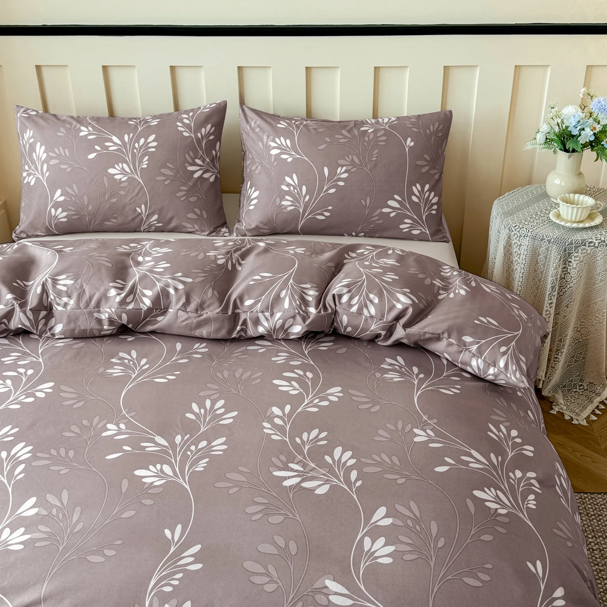 طقم غطاء لحاف مكون من 3 قطع مطبوع عليه نباتات من Café Brown مع سحاب إغلاق، مفروشات ناعمة قابلة للتنفس لجميع المواسم