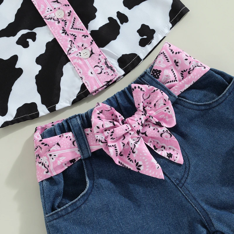 1-6Y Kids Girl Summer Outfits Cow Print Turn-Down Collar Fly Sleeve Tops Bow Denim Shorts with Belt 2Pcs Clothes Set