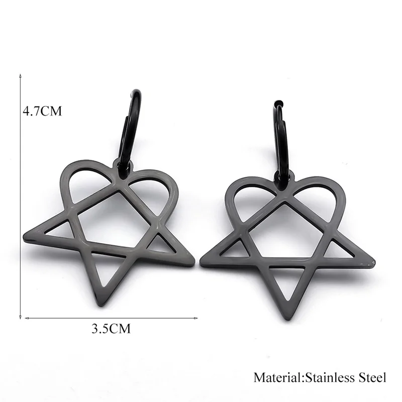 Goth Heartagram Star Dangle Hoop Earring Women Stainless Steel Black Color Rock Music Band HIM Fans Earrings Jewelry E2613S03