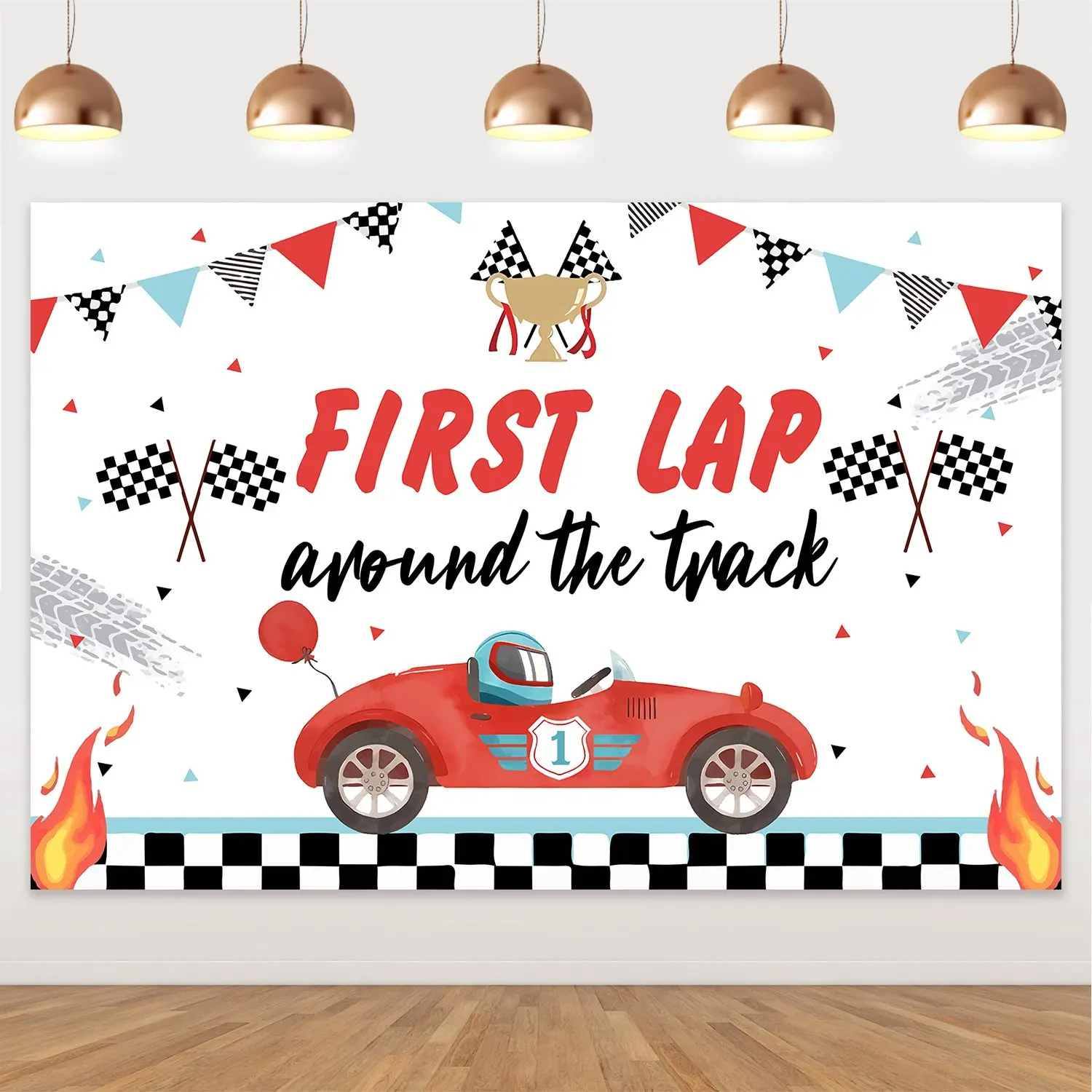 Red Blue First Trip Around the Track Banner Backdrop for Racing Car Theme Fast One First Birthday Party Supplies