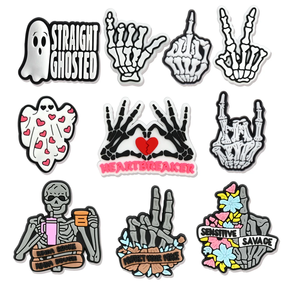 Mix 5-10Pcs Skull Gesture Halloween Shoes Charms PVC Shoe Accessories For Clogs Sandals Decoration Buckle Kids X-mas Gifts