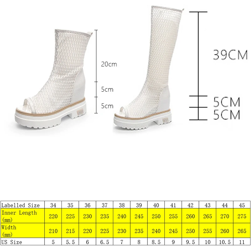 Fujin 10cm Genuine Leather Air Mesh Women Summer Shoes Platform Boots Wedge Hidden Heel Peep Toe Open Ankle Boots Knee High