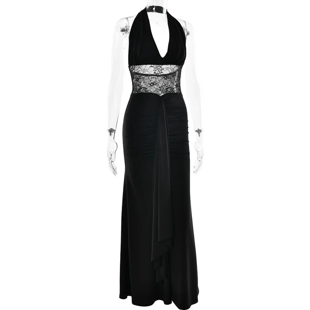 New Elegant Deep V Halter Neck Midi Dress Sexy Cutout Open Back Sash Design Slim Waist Formal Party Evening Gown For Women