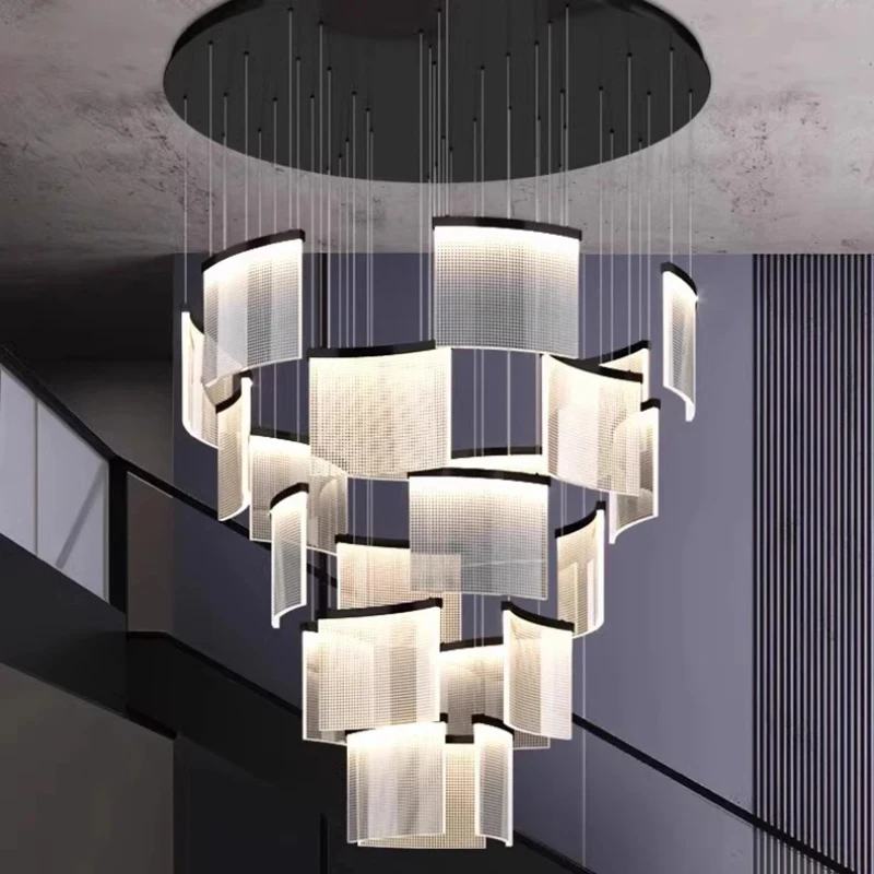 

2025 Modern Acrylic Spiral Long strip pendant chandelier Ceiling lustre Black Hardware Round disc top seat dimmable Stairs